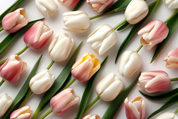 Seamless 2D pattern of pink and yellow tulips, alternating rows on white background