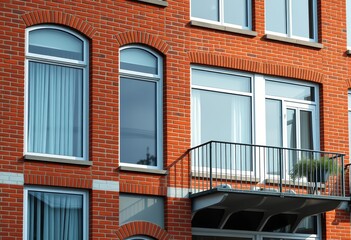Exposed brick facade, large windows, minimalist balcony, Williamsburg, structure