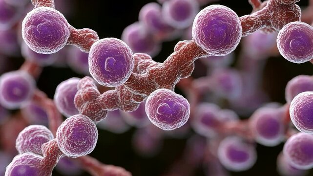Close-up view of bacterial cells displaying intricate structures and vibrant colors under a microscope in a scientific environment