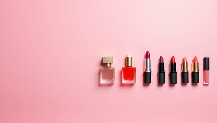 Shop Affordable Beauty Makeup Cosmetics for Women: Stunning Pink Flat Lay Display with Discount Offers for Online Purchase - Perfect for Your Beauty Needs!