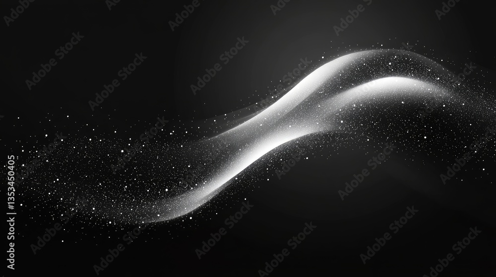 Poster abstract flowing light waves with sparkling particles against a dark background, creating a sense of