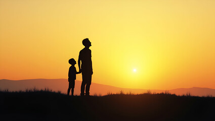 Fototapeta premium Inspirational Silhouette of Father and Son: A Heartwarming Vector Illustration Depicting Familial Bond and Hopeful Outlook for the Future in a Simple, Cute Business Style