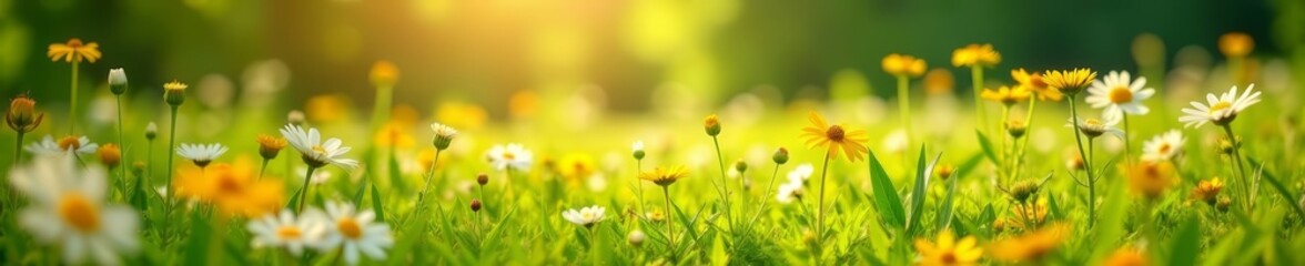 Lush green field filled with blooming wildflowers in the sun, wilderness, outdoors