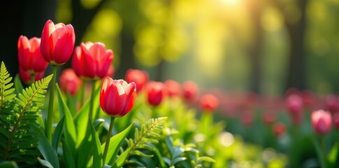 Lush green ferns and vibrant tulips in full bloom on a sunny spring day, sunny, tulips, spring