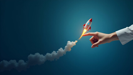 Flat Touch virtual rocket icon up arrow push new startup forward accelerate strategic plan secure business growth innovation fosters success concept as Businessman highlights rocket symbol quick upwar