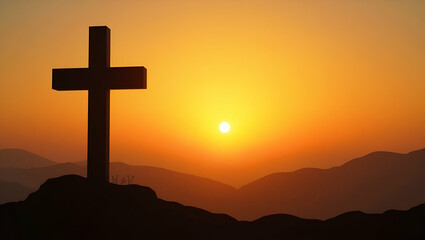 Flat Silhouette of Catholic Cross at Sunrise: A Serene Symbol of Faith and New Beginnings