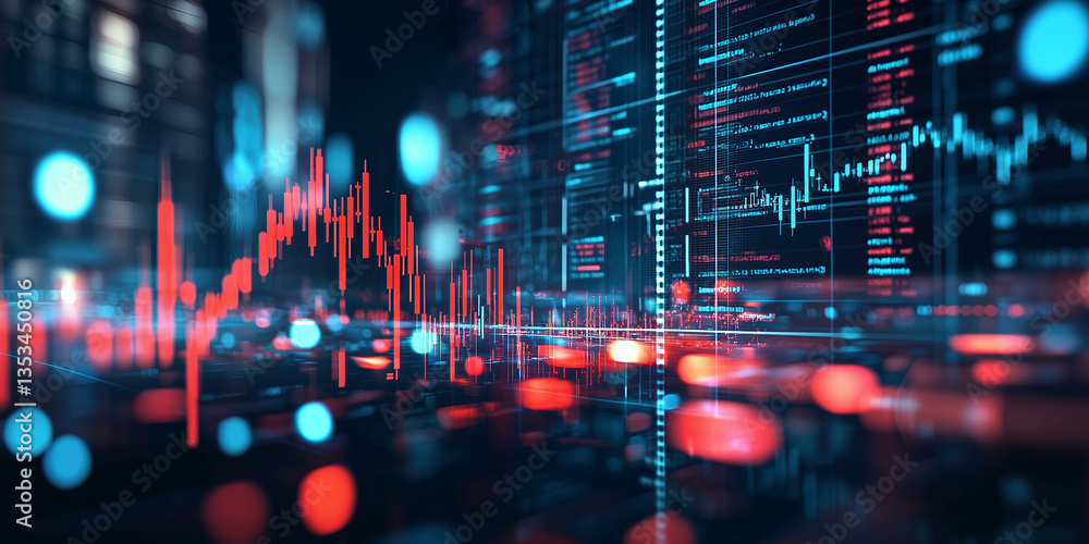 Poster abstract futuristic data visualization with digital graphs, glowing red and blue elements, illustrat