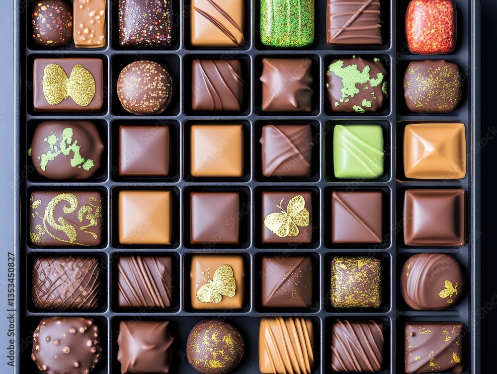 Poster overhead close-up view of assorted gourmet chocolates in a dark box showcasing various colors shapes