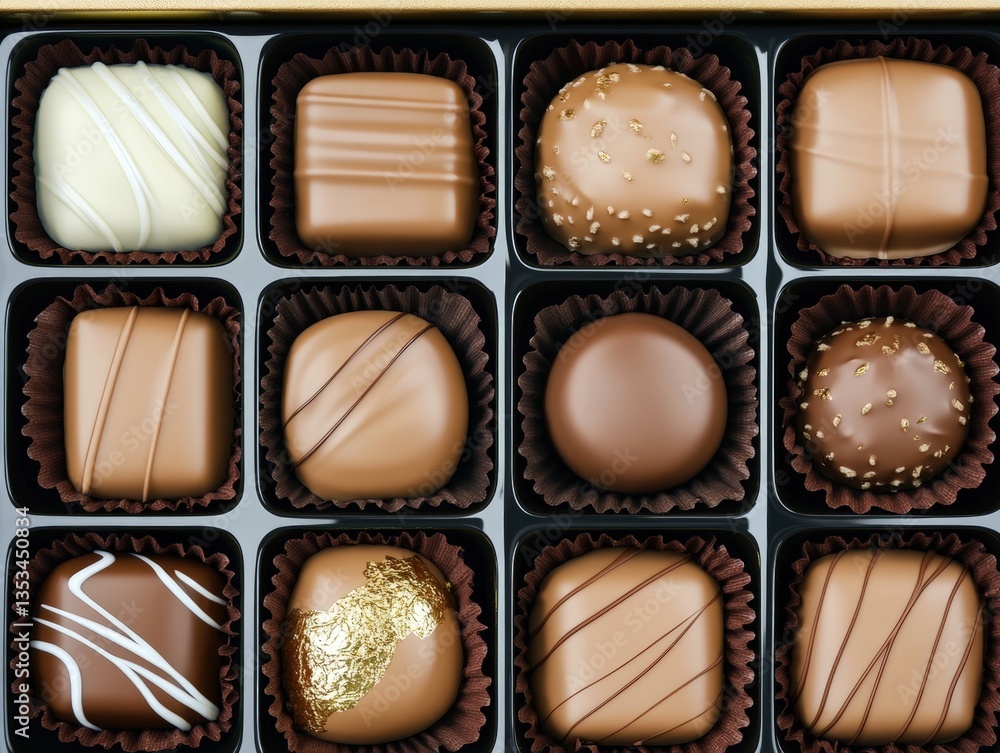 Poster close-up overhead view of a box of assorted chocolates with varied colors, textures and decorative e