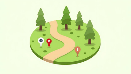 Fototapeta premium Minimalist Isometric Hiking Trail Icon with Markers and Trees for Outdoor Adventure Projects