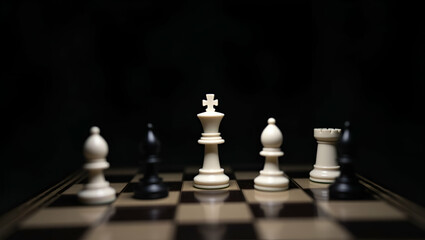 Flat King and Knight chess pieces arranged on chessboard against dark background symbolizing strategy and competition. concept as King and Knight chess pieces arranged on chessboard against dark backg