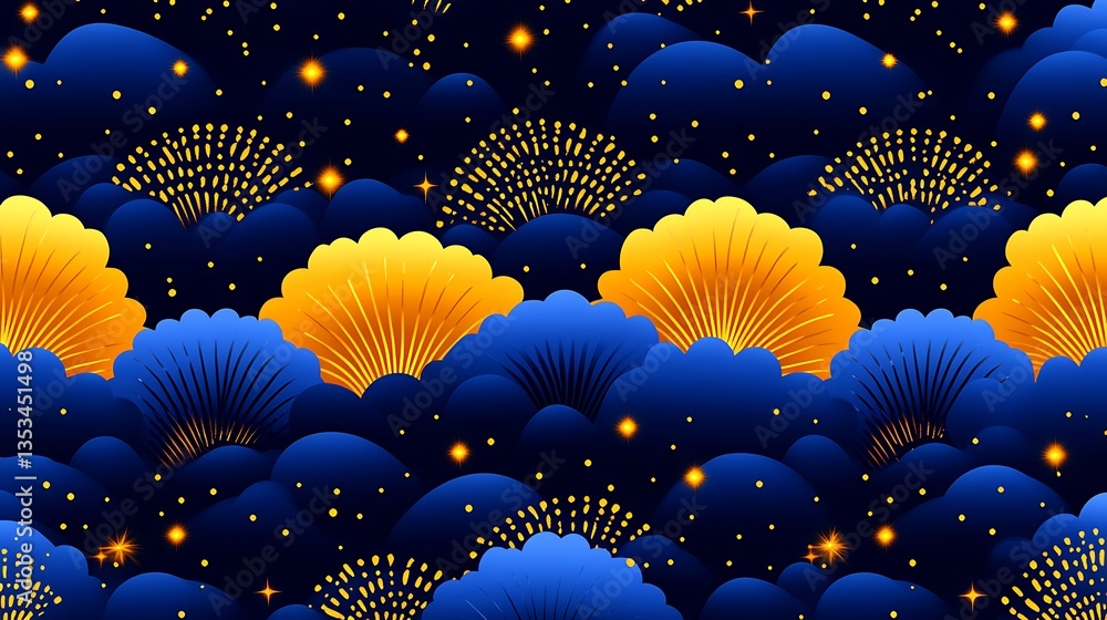 Poster an abstract illustration showing stylized clouds and sparkling firework displays