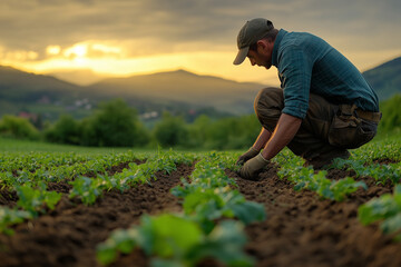 Farmer working diligently in a row of crops during sunset