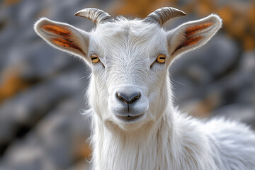 Fototapeta premium Close-up of a smiling white goat with sharp horns in the field