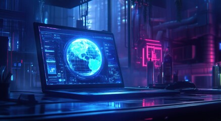 Futuristic Lab Laptop Showing Earth