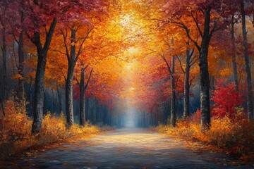 Fototapeta premium Autumn pathway in a vibrant park with colorful trees and benches for people walking in nature
