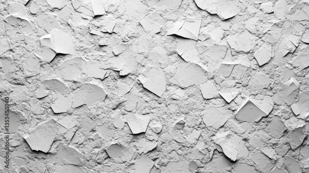 Poster close-up view of weathered, peeling white paint on a textured surface, showcasing layers and pattern