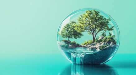 Glass sphere, miniature ecosystem, waterfall, serene landscape