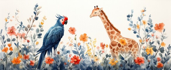 Watercolor Illustration of Tropical Cockatoo Giraffe Exotic Flowers Summer Kids Art