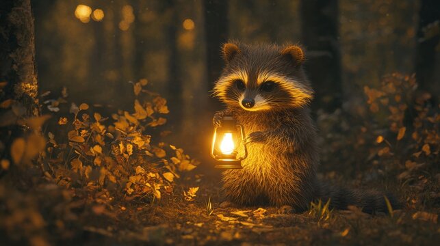 Raccoon Holding a Lantern in an Autumn Forest at Night