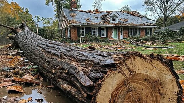 Fallen tree after storm damages house