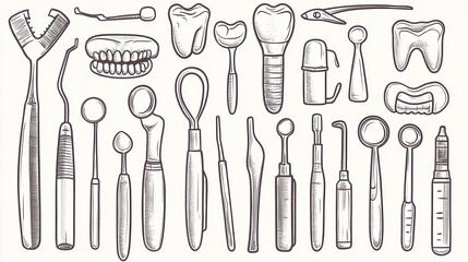 Collection of Vintage Dental Tools and Instruments Featuring Sketch Illustrations of Dental Care Equipment for Educational and Medical Purposes