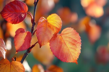 vibrant red autumn leaf close-up on vine with sunlight bokeh in natural field setting