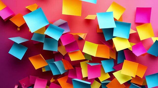 Colorful Sticky Notes in Blue, Pink, Yellow, and Orange Scattered on Vibrant Background for Office Supplies, Creating Dynamic Atmosphere for Organizing Ideas.