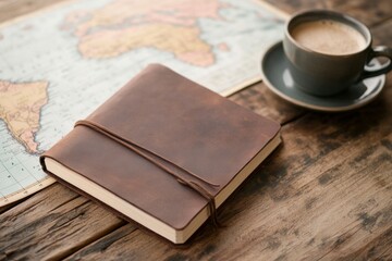Vintage leather journal and coffee cup on rustic wooden table with world map background.