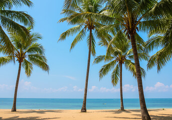 Serene Tropical Beach Paradise: Palm Trees Swaying Gently on a Sunny Day