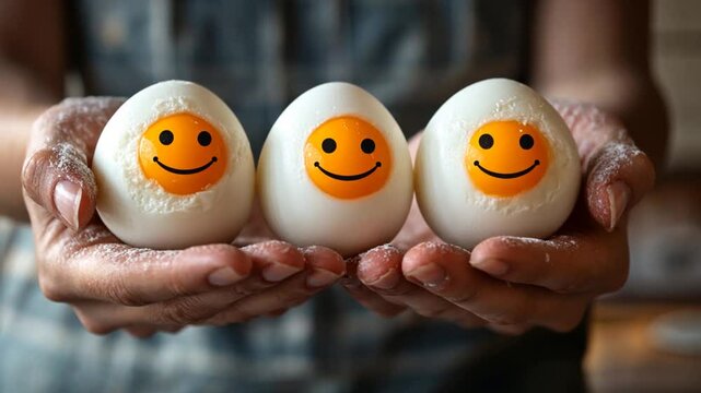Hands holding three boiled eggs with smiley faces, flour, food art.  Possible use Food photography, cooking concept, happy meals
