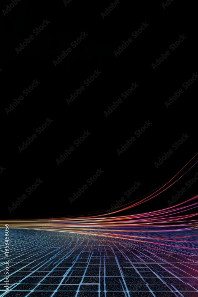 Poster a vibrant, abstract digital landscape featuring a grid pattern with colorful light trails against a 