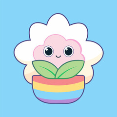 A puffy cloud shaped like a plant growing from a vibrant rainbow pot, blending nature and fantasy in a whimsical design. Perfect for dreamy, colorful, and playful artwork.