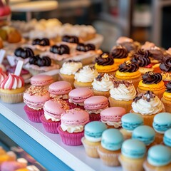 photostock of a bakery counter featuring macarons, cupcakes, and vibrant pastries