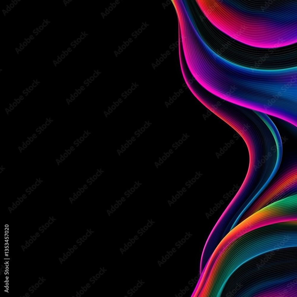 Poster a vibrant, abstract design featuring colorful, wavy lines against a black background, creating a dyn