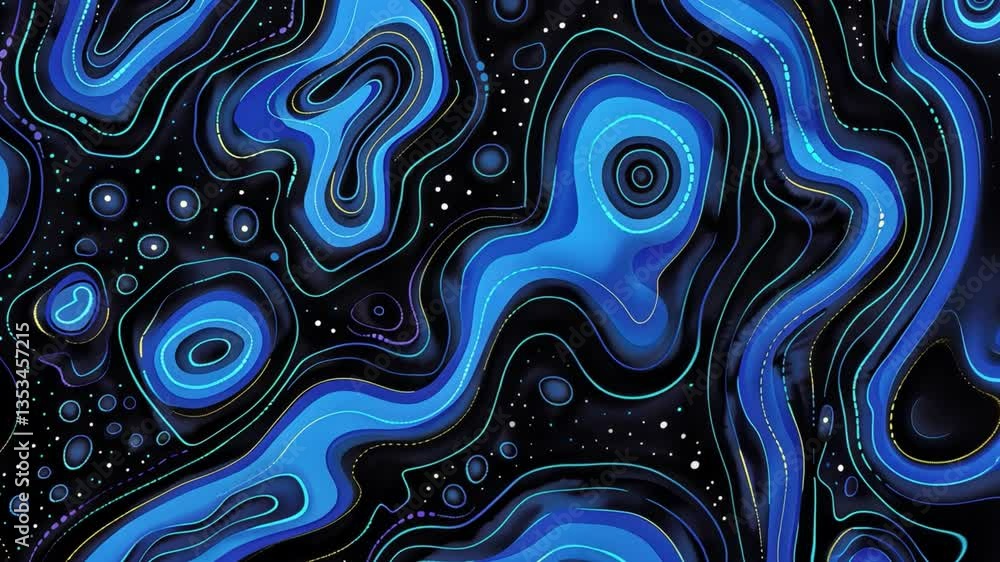 Poster vibrant abstract design with fluid blue shapes and lines on dark background, creating depth and move