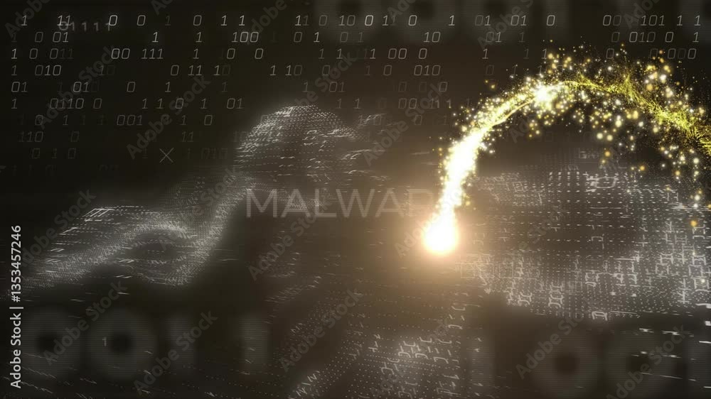 Poster malware text with digital binary code and glowing particle animation