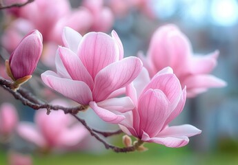 Fototapeta premium Close-Up View of Blooming Pink Magnolia Flowers on Tree Branch in Springtime