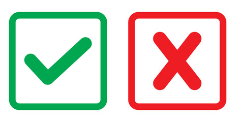 Green check mark, red cross mark icon set. Isolated tick symbols, checklist signs, approval badge. Flat and modern checkmark design, vector illustration