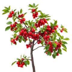 Obraz premium A solitary sour cherry tree, branches laden with fruit, set against a pure white backdrop, food, summer fruit, red