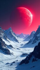 A desolate planet covered in icy mountain ranges under a red-dotted sky, landscape, barren