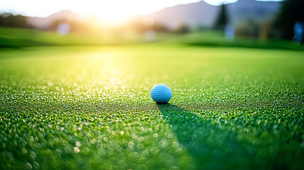 Golf Ball on Lush Green Course at Sunrise: A Perfect Shot