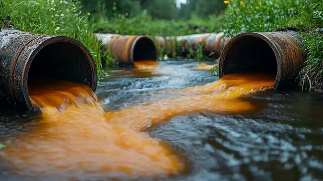 Industrial Waste Contamination: A stark image of industrial waste polluting a flowing stream, with brown effluent gushing from pipes, highlighting environmental degradation.