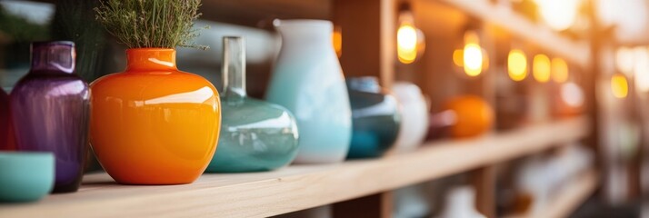Colorful ceramic vases displayed on sunlit wooden shelf in warm ambiance.