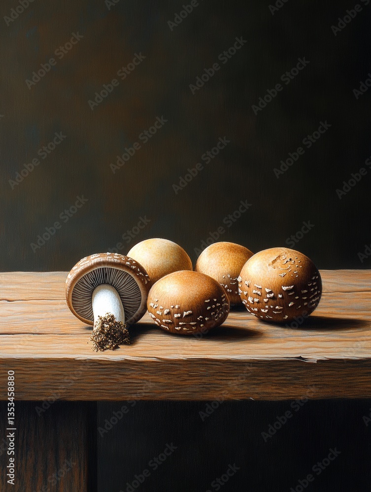 Poster close-up view of five assorted mushrooms on rustic wooden table with dark background highlighting th