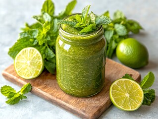 Fresh Green Smoothie in Glass Jar.