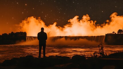 Fototapeta premium A silhouetted person stands before a dramatic waterfall at night