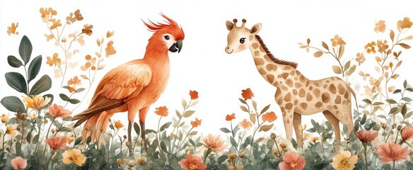 Watercolor illustration tropical cockatoo giraffe flowers kids summer print cute poster