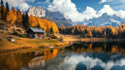 Fototapeta premium Idyllic mountain lake reflects rustic cabin and golden autumn foliage panorama