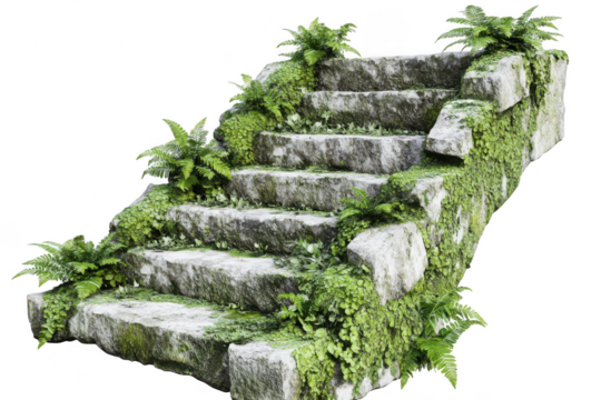 Stone staircase overgrown with ferns and moss in an outdoor setting